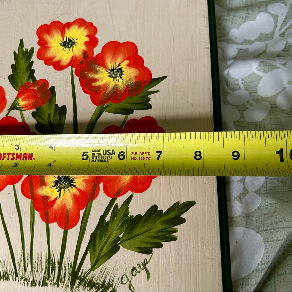 Vintage Handmade Hand Painted Red & Yellow Flowers on Wood Cottagecore Art - Picture 5 of 6